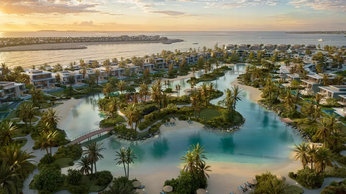 Aerial artist's impression of Bay Estate by Nakheel on Dubai Islands, with lagoons, beaches and villas